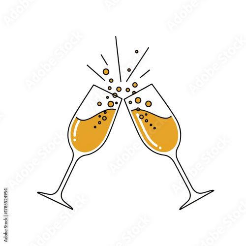 Two champagne glasses toasting with bubbly liquid, depicted in a minimalist, line art style.