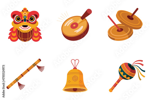 Stylized flat illustration set for carnival celebration, showing lion dance, gong, drum, and maraca symbols.