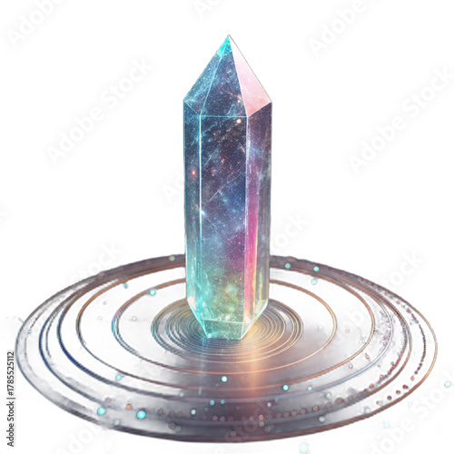 Dazzling crystal obelisk with cosmic nebula patterns emerges from swirling futuristic energy rings, a beacon of magic and innovation.