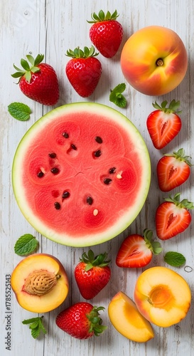 A vibrant and fresh assortment of strawberries, peaches, and a sliced watermelon arranged on a white wooden surface, highlighting colorful summer fruits and green mint leaves