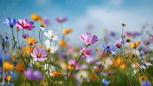 A vibrant field of cosmos flowers in full bloom under a bright blue sky day