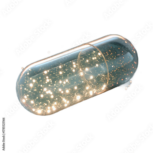 Dazzling capsule filled with glowing particles symbolizes breakthrough discovery, innovation, and vibrant new health possibilities.