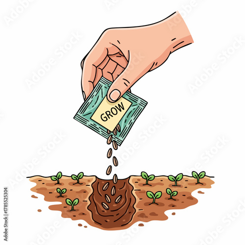 Seed planting time with hand holding small packet of seeds and pouring into prepared soil for seed planting. Seed planting enables new plants to germinate, and it’s crucial for agriculture.