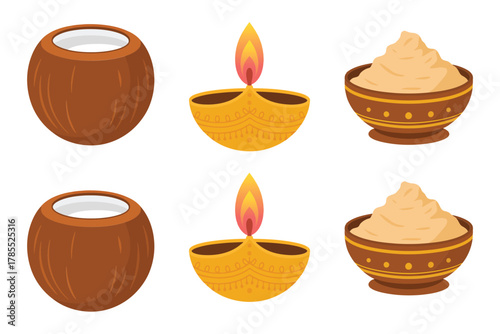 Flat vector icon set for Hindu devotion food, featuring coconut, oil lamp, banana, and offering bowl.
