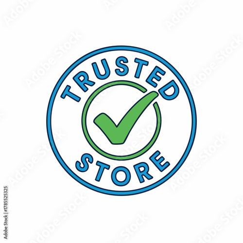 Trusted store emblem on plain background, design features a green checkmark and text within blue circles. Trusted store label ensures reliability and validates quality, enhancing confidence.