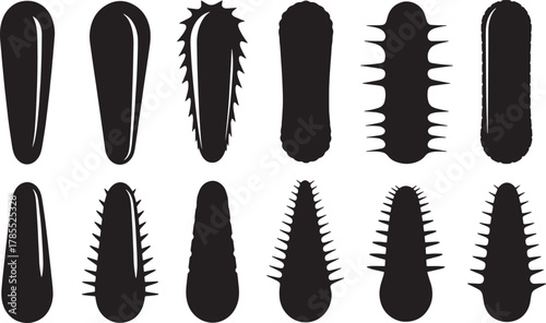 Collection of stylized black cactus silhouettes with varied textures and spiky forms on a white background