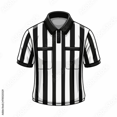 Referee shirt with black and white stripes. Shirt represents authority and impartiality in sports. This apparel suggests fair officiating and professional oversight.