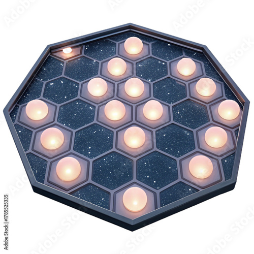 Illuminated glowing spheres arranged in hexagonal grid with starry backdrop, perfect for abstract tech or sci fi concepts
