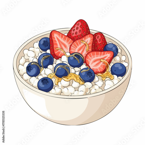 Cottage cheese with berries and honey for breakfast, tasty and healthy meal. Cottage cheese is full of vitamins and minerals. Delicious cottage cheese makes day better and healthier.