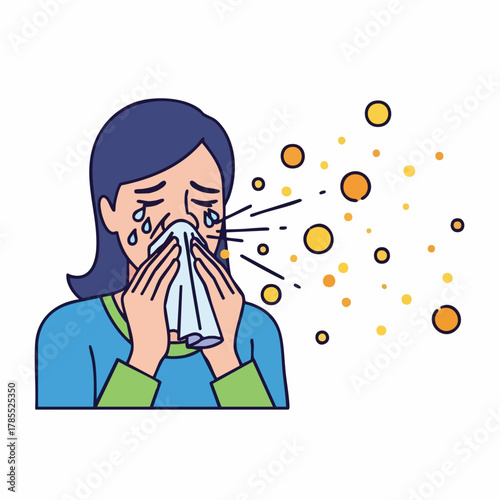 Woman with allergies wipes her nose with napkin, and suffers from seasonal allergy attack. Allergy concept highlighting common health issues, causes symptoms like sneezing, runny nose, itchy eyes,