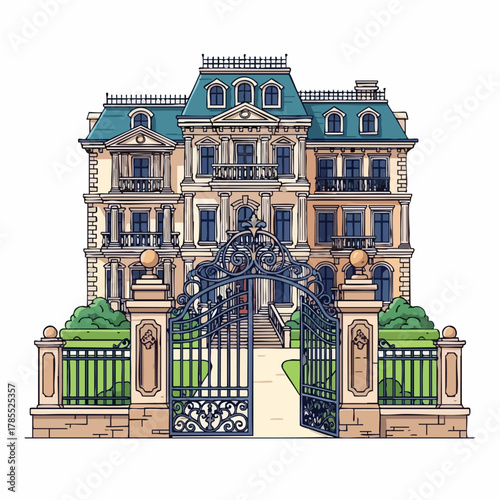 Elegant mansion illustration on white, showcasing refined residence with ornate gates and lush greenery. Mansion illustration highlights architectural details, from window placement to roof design.