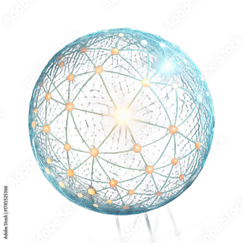 Dynamic glowing global network sphere with interconnected nodes and bright central light, representing digital connection and data flow