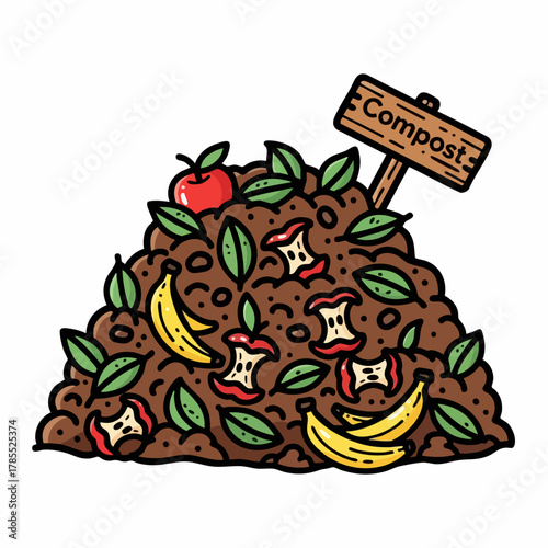 Fresh compost pile with organic waste and wooden sign on top for sustainable practices. Compost includes food scraps and plant leaves, showcasing decomposition and natural recycling.