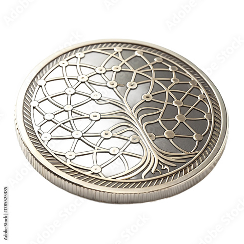 Intricate geometric tree of life design on a metallic coin, symbolizing ancient wisdom and modern connection