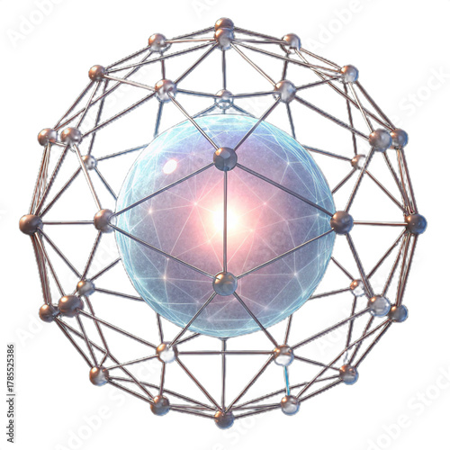 Stunning abstract 3D atomic structure with glowing energetic core and complex geometric lattice, representing science, innovation, and future.