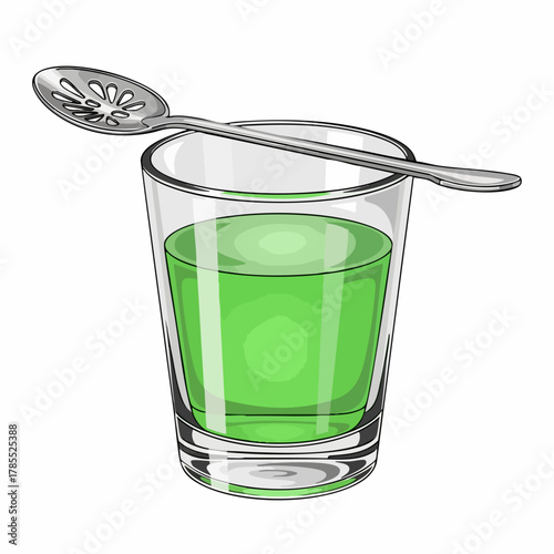 Green Chartreuse served in short glass with spoon, green chartreuse for cocktail mixing. Refreshing green chartreuse is perfect for bar and restaurant promotions, or culinary blog posts.