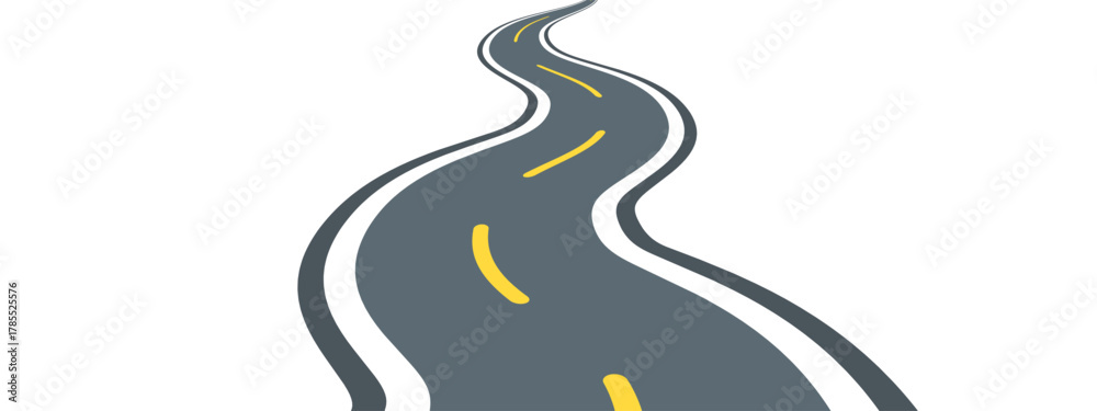 Naklejka premium Winding highway with curve perspective showing asphalt path on white backdrop. Vector illustration features grey pavement with yellow lane markings, white border lines. Graphic icon for journey