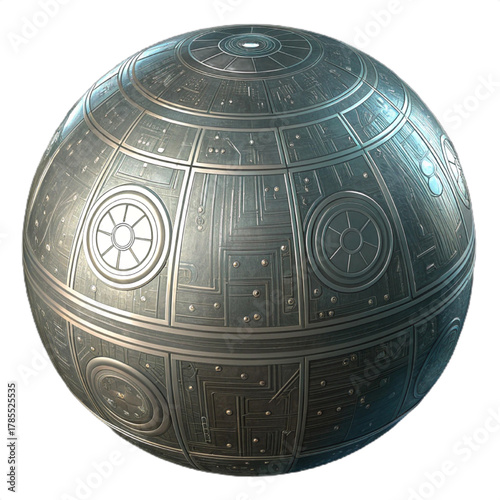 Intricate metallic sphere with futuristic paneling and glowing circular windows, a symbol of advanced technology and cosmic exploration