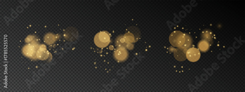 Light golden background. Grouped bokeh lights, specks, stars, sparkles arranged as set. Vector glitter effect. Design for new year graphics. Used in festive illustration.