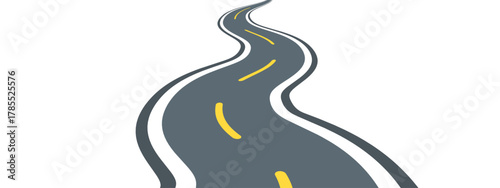 Winding highway with curve perspective showing asphalt path on white backdrop. Vector illustration features grey pavement with yellow lane markings, white border lines. Graphic icon for journey