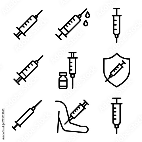 Set of black and white line icons depicting medical syringes for vaccination and injection procedures, a versatile vector graphic collection icon 10 november65.eps