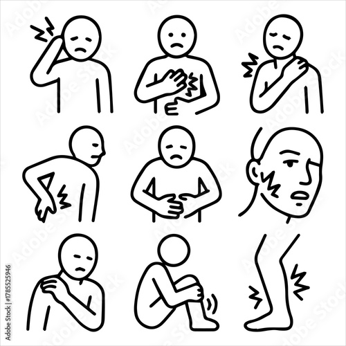 Pain and Discomfort Icons A Collection of Human Figures Experiencing Various Ailments and Sensations