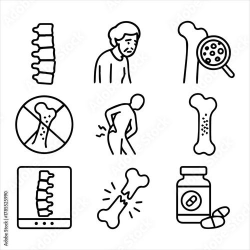 Osteoporosis and Bone Health A Collection of Medical Icons Depicting Skeletal System Conditions