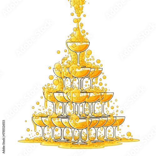 A cascading tower of champagne glasses overflowing with bubbly, golden liquid.