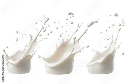 Three dynamic white milk splashes frozen in motion against a black background liquid dairy
