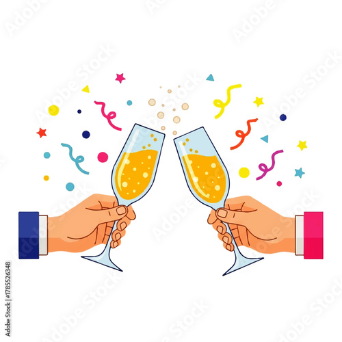 Two hands holding champagne flutes, clinking together, celebrating with confetti.