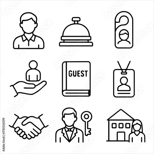 Hotel and Hospitality Icons Representing Customer Service, Interaction, and Guest Experience
