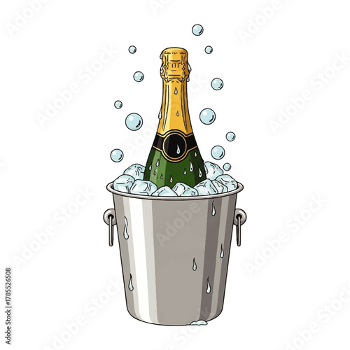 Champagne bottle in ice bucket with bubbles, illustration.