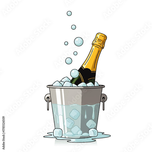 A champagne bottle chills in an ice bucket, with bubbles rising upwards.