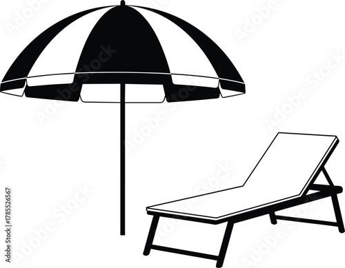 Beach umbrella and lounge chair silhouette vector, summer vacation icon, outdoor leisure design, tropical holiday graphic, resort relaxation symbol, poolside art