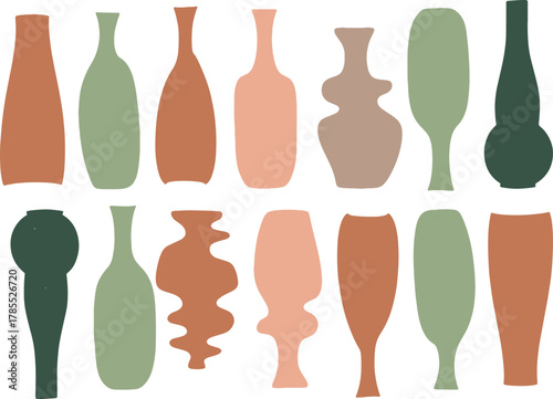 Collection of abstract ceramic vases and bottles in earthy tones on a white background