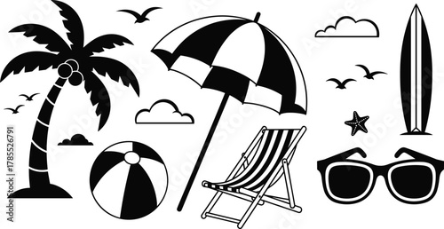 Beach vacation silhouette icon set, palm tree and umbrella vector, surfboard and chair design, summer leisure accessories, tropical holiday graphic, travel resort art