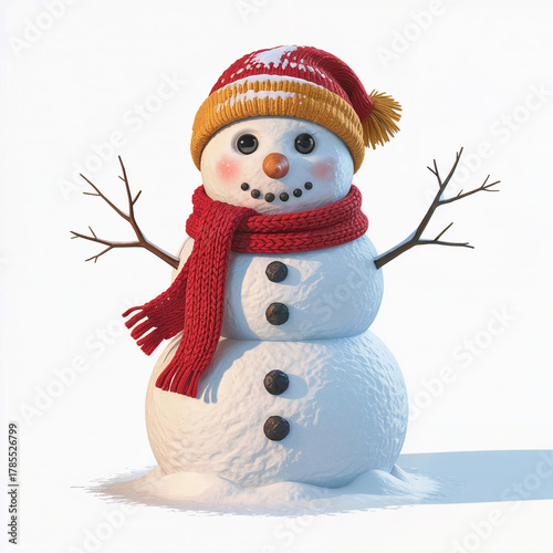 realistic 3D render of a cute snowman with red scarf and golden hat 