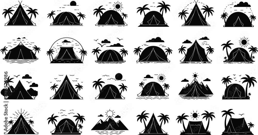 Fototapeta premium Camping tent silhouette icon set, outdoor adventure vector illustration, mountain and palm tree design, sun and moon graphic, travel leisure symbol art