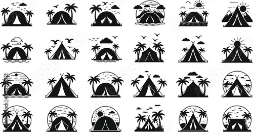 Camping tent icon collection with palm trees, mountains, sun, clouds, birds, and water waves, outdoor vector illustration set for travel, adventure, and nature design