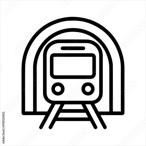 Sleek outline vector icon depicting a modern train emerging from a tunnel, symbolizing efficient urban public transport, rapid transit, and smooth commuting journeys