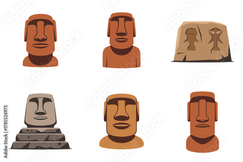 Stylized flat illustration set for Polynesian culture, showing Moai statue, stone head, and tribal symbols.