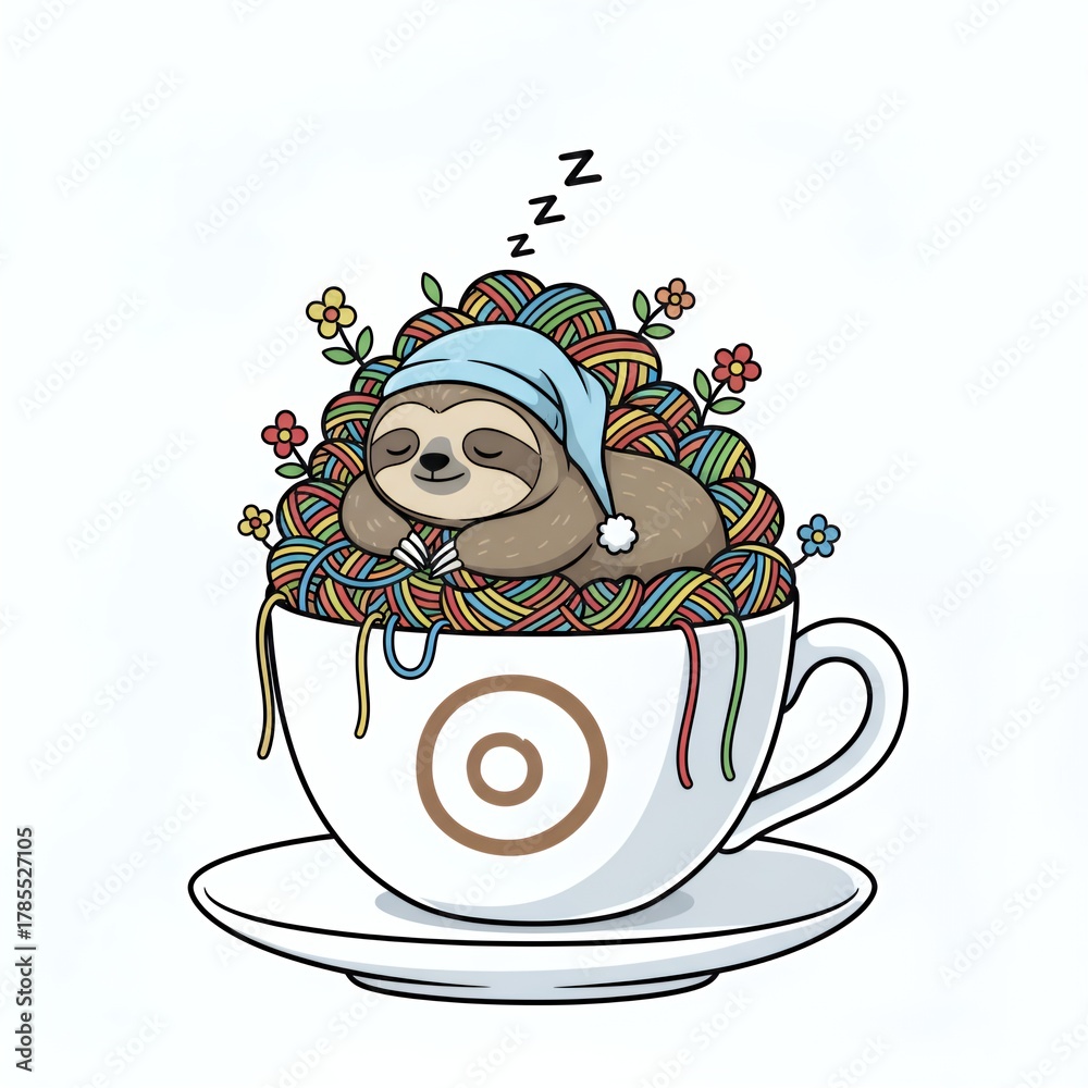 Naklejka premium Sleeping Sloth in Coffee Mug Yarn