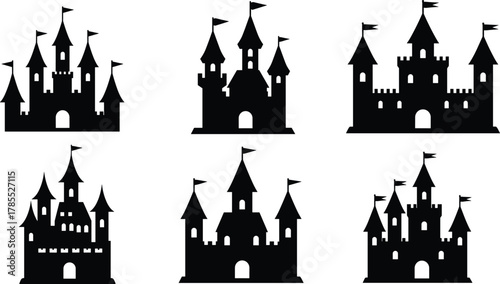 Castle silhouette icon set, medieval fortress vector illustration, tower and turret design, fantasy palace graphic, royal architecture symbol, fairytale kingdom art