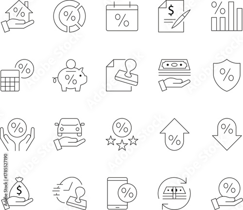 A collection of hand drawn sketch icons representing financial concepts including money growth investments savings and economic trends presented in a clean minimalist line art style
