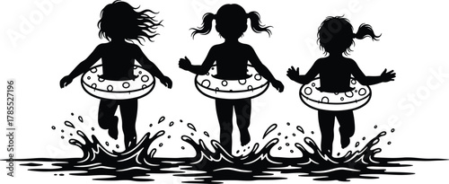 Children playing in water silhouette vector, inflatable swim ring illustration, summer vacation leisure design, childhood fun graphic, outdoor activity symbol art