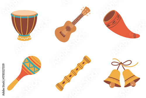 Outline icons for traditional and folk music, showing maraca, drums, ukulele, bells, and musical horn instrument,