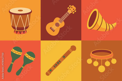 Outline icons for island and jungle music, illustrating drums, ukulele, maracas, necklace, and natural horn instrument,