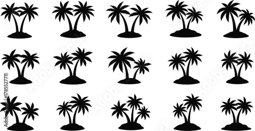 Palm tree island silhouettes collection, tropical beach vector illustration set, exotic summer vacation design elements, paradise nature landscape icons for decoration, tourism