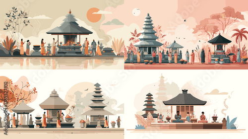 Scenic illustrations of Balinese temples and cultural ceremonies with monks, lanterns, and traditional architecture in warm pastel tones. Ideal for travel, culture, and landscape art.