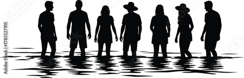 Silhouette of people standing in shallow water, group leisure scene with reflective ripples, beach vacation vector illustration for summer tourism and lifestyle design